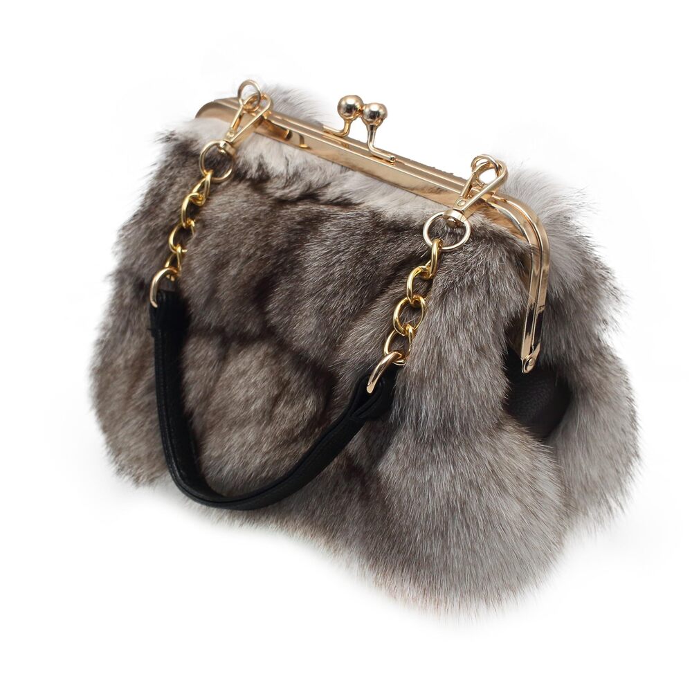 8745 Luxurious Fashion Natural Fox Fur with Hair Handbag and White, Small
